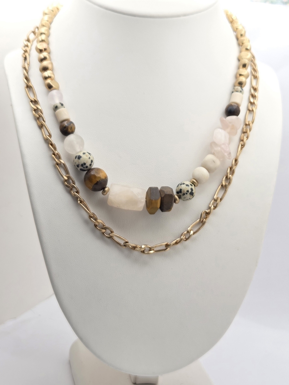 Layered Natural Stone & Gold Tone Multi Strand Necklace 19" Gemstone Mixed